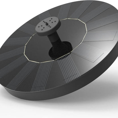 Black solar panel floating fountain disc with a central spray head and a black pump column, angled view
