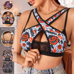 Model wearing the pumpkin print cross front lace bra, with front, back and flat view thumbnails beside her