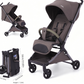 Taupe grey brown travel stroller open with under basket and folded flat view