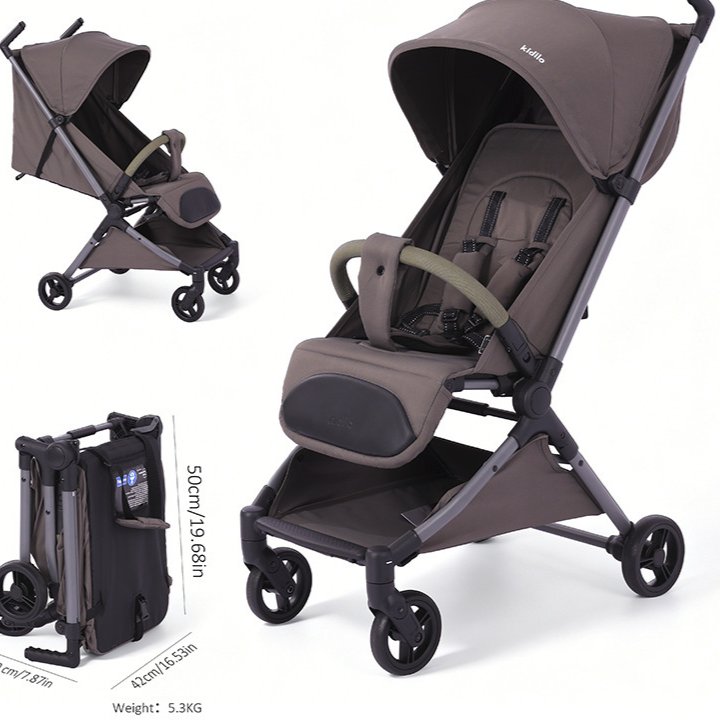 Taupe grey brown travel stroller open with under basket and folded flat view
