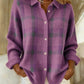 Light purple option photo of an orchid light purple knit cardigan with a plaid check, shirt collar, size 2XL