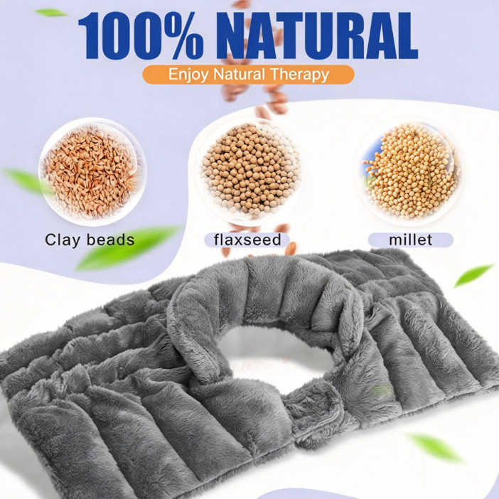 Gray plush shoulder wrap with stitched channels beside flaxseed, millet and clay bead fillings