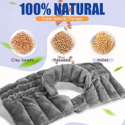 Gray plush shoulder wrap with stitched channels beside flaxseed, millet and clay bead fillings