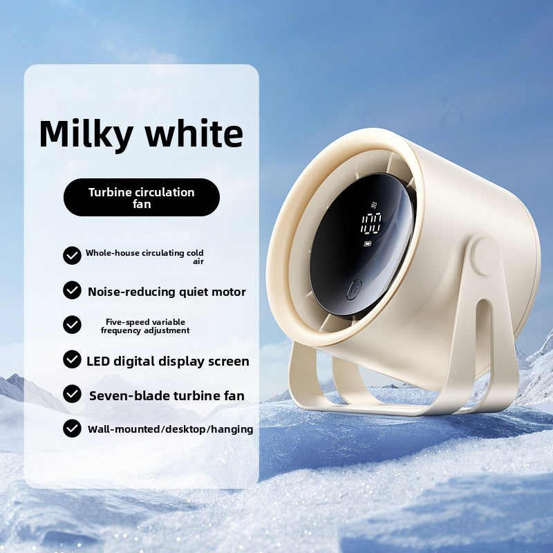Mini rechargeable desk fan shown with its tilting bracket and control button