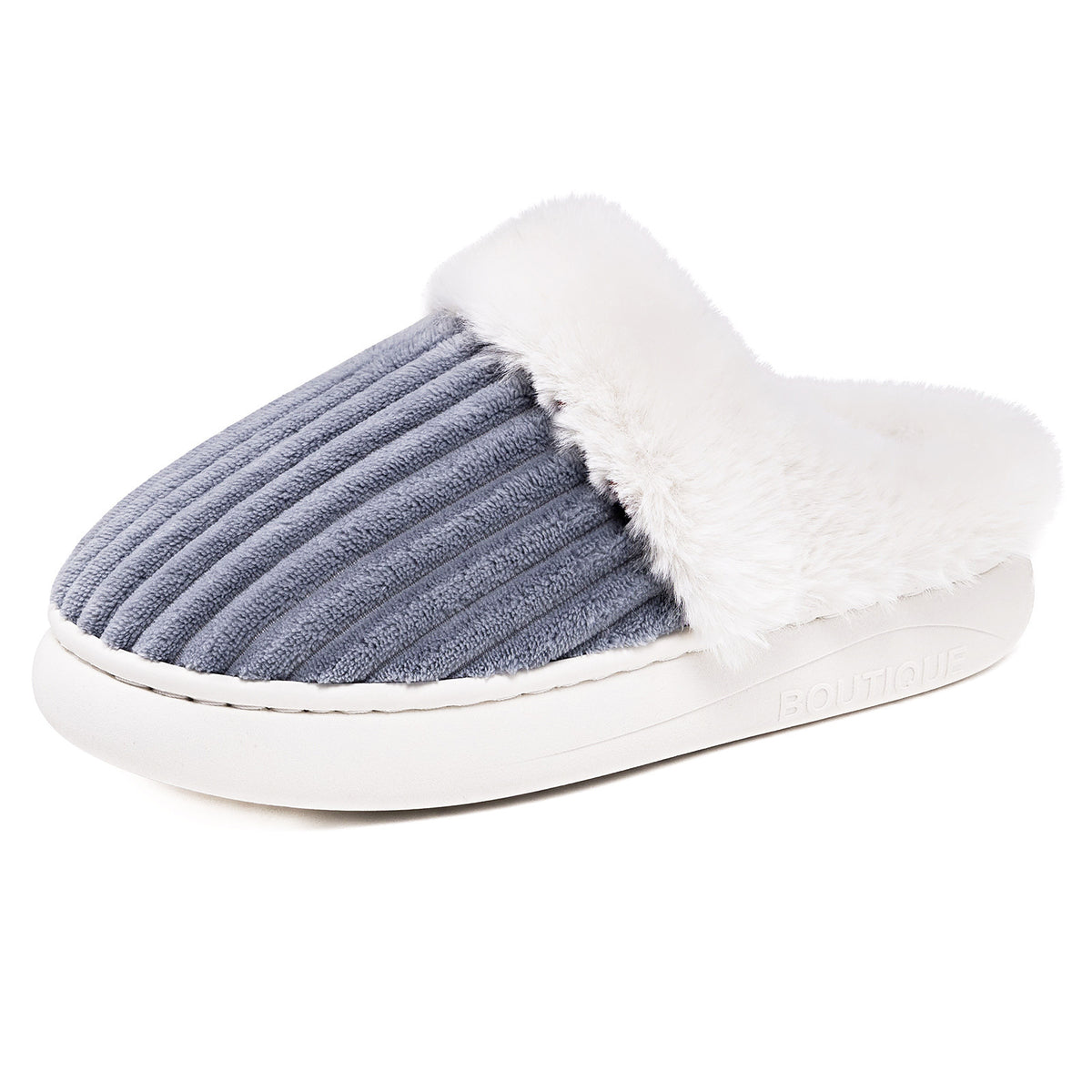 Ribbed corduroy plush indoor slipper with rounded closed toe and open heel