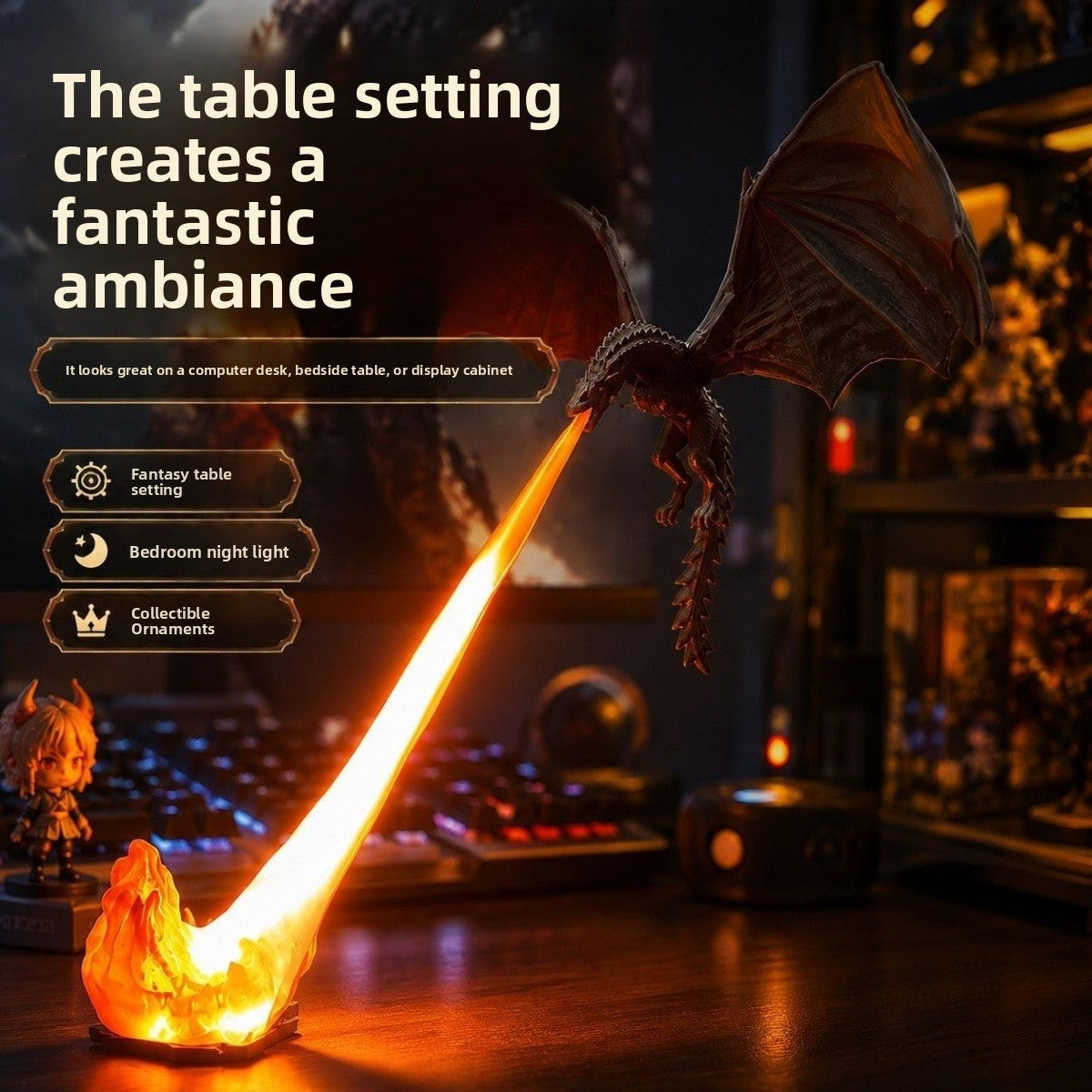 Black winged dragon figure breathing an orange flame stream that glows above a desk with a keyboard and collectibles