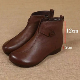 Women's Soft Leather Ankle Boots with Zip Closure, Side Strap and Low Heel