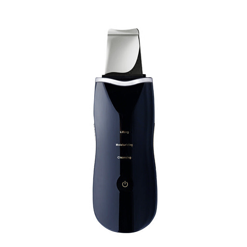 Front view of the black ultrasonic skin scrubber showing the flat steel spatula and power button