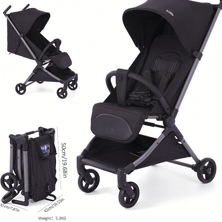 Black Kidilo foldable travel stroller shown open and folded flat with size callouts