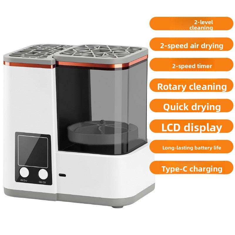 Beige makeup brush cleaner with a feature list including timer and Type C charging