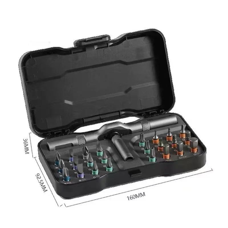 Open screwdriver case with maker callouts giving 160 by 92.5 by 36 millimetres for the case
