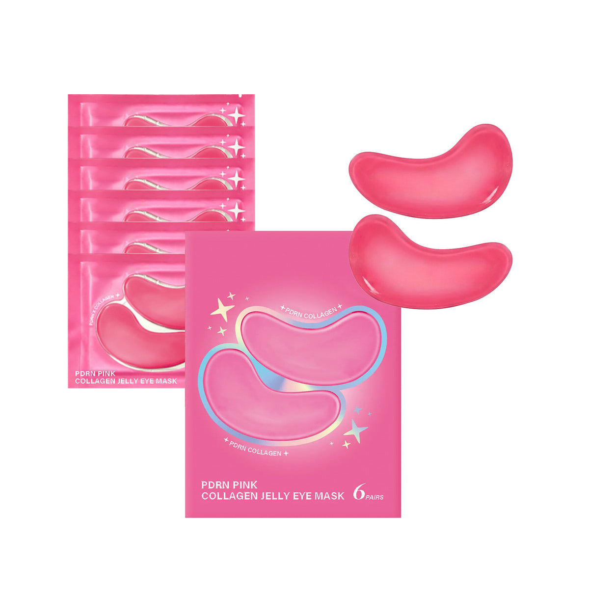 Pink collagen hydrogel under eye gel masks, soft jelly crescents from a six pair pack