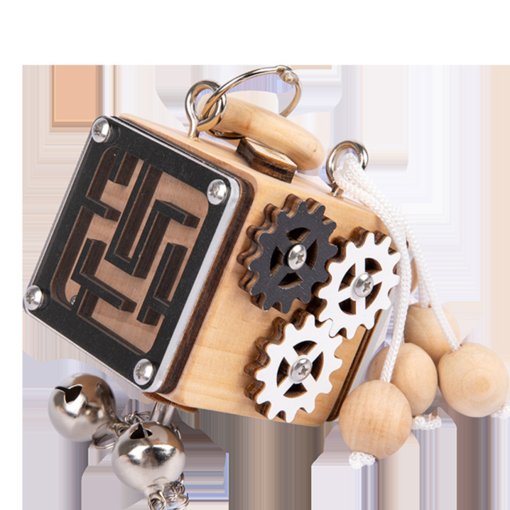 Maze version wooden busy cube with windowed bead maze, wooden gears, silver jingle bells and beads on cord