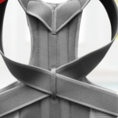 Close up of the back belt panel, waist band and crossing tape in black fabric