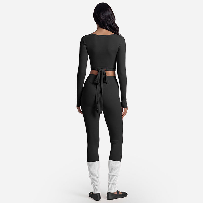 Front tie wrap top with thumbhole sleeves in the ballet yoga set