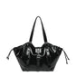 Glossy black hobo shoulder bag with buckle straps, grommets and drawstring sides, option Black