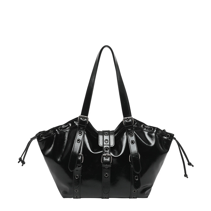 Glossy black hobo shoulder bag with buckle straps, grommets and drawstring sides, option Black