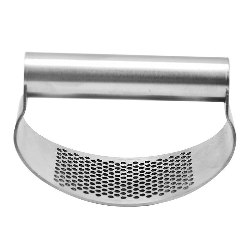 Silver stainless steel garlic press on white showing the curved perforated plate and tube handle