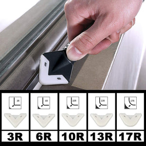 Three in one caulk tool with a metal scraper blade and a silicone corner smoothing tip