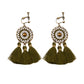 Vintage boho tassel clip-on earrings for non pierced ears, zinc alloy drop pair photographed on white background