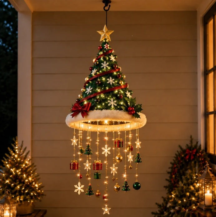 Christmas Tree design: green tree shaped hat with a red ribbon and gold star, a lit brim and hanging charms