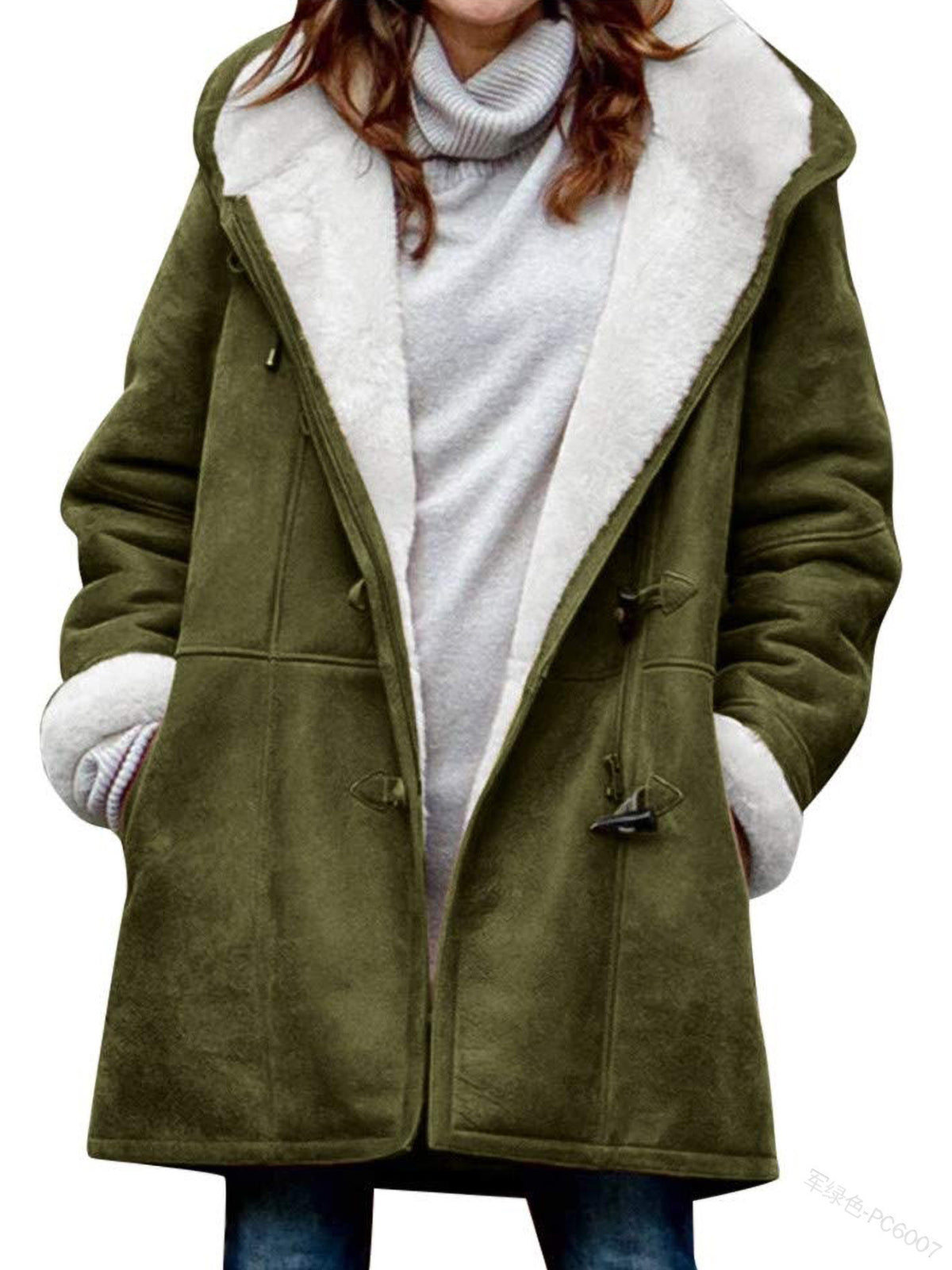 Women's hooded suede toggle coat with white plush lining in Army Green