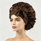 Smooth satin sleep bonnet with long ties, roomy enough for curls or braids