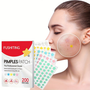 Box of Fushiting hydrocolloid pimple patches beside a model with a star patch on skin