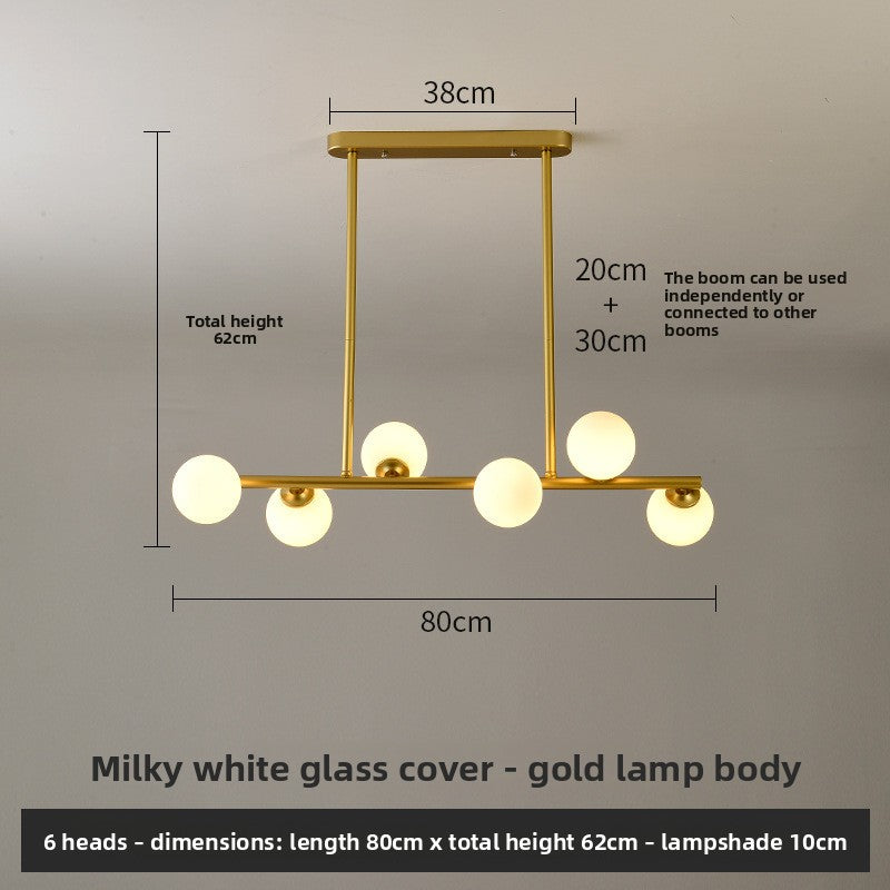Gold pendant light with six milky white glass shades, 80 cm long, 62 cm high, default option without light source