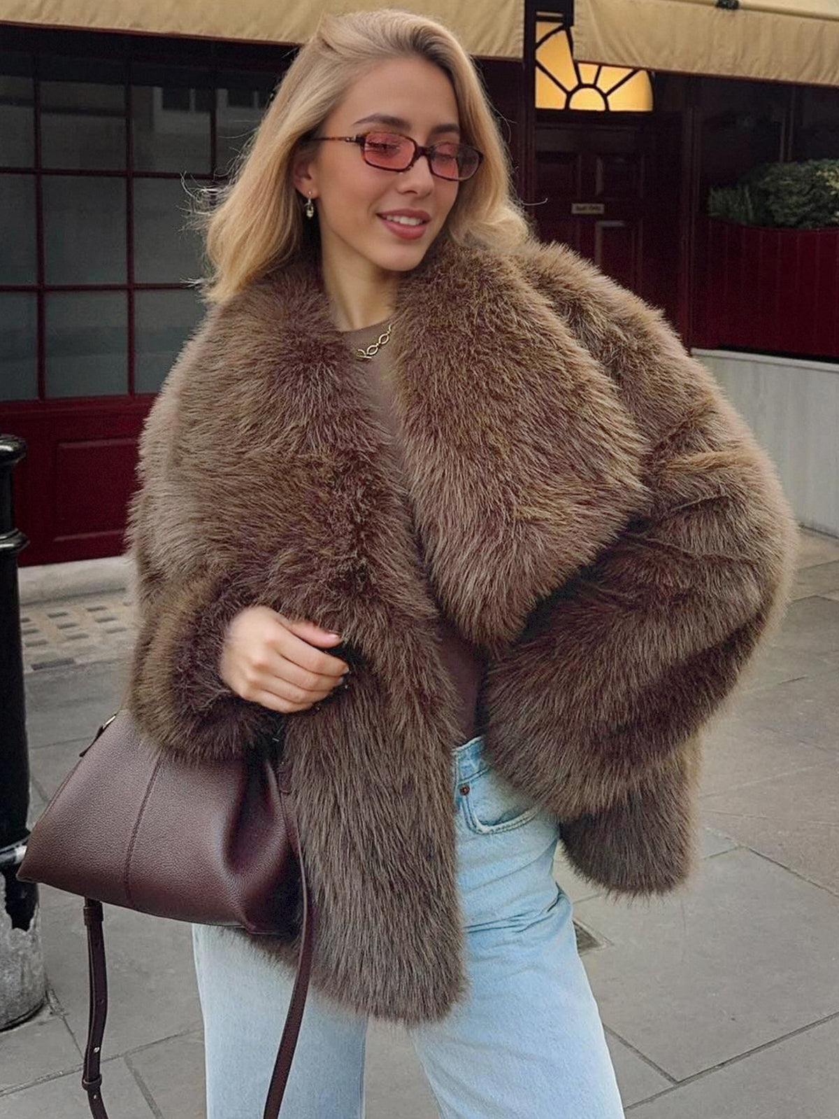Mocha brown vegan fur lapel jacket on a model with jeans and glasses, option Mocha Brown, size XL