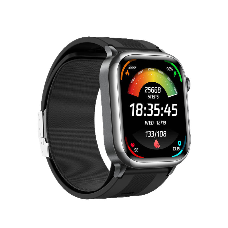 Smart watch placed on a charging desk pad at sunset