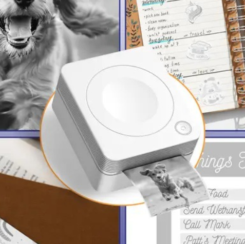 Portable thermal printer shown printing stickers from a smartphone app