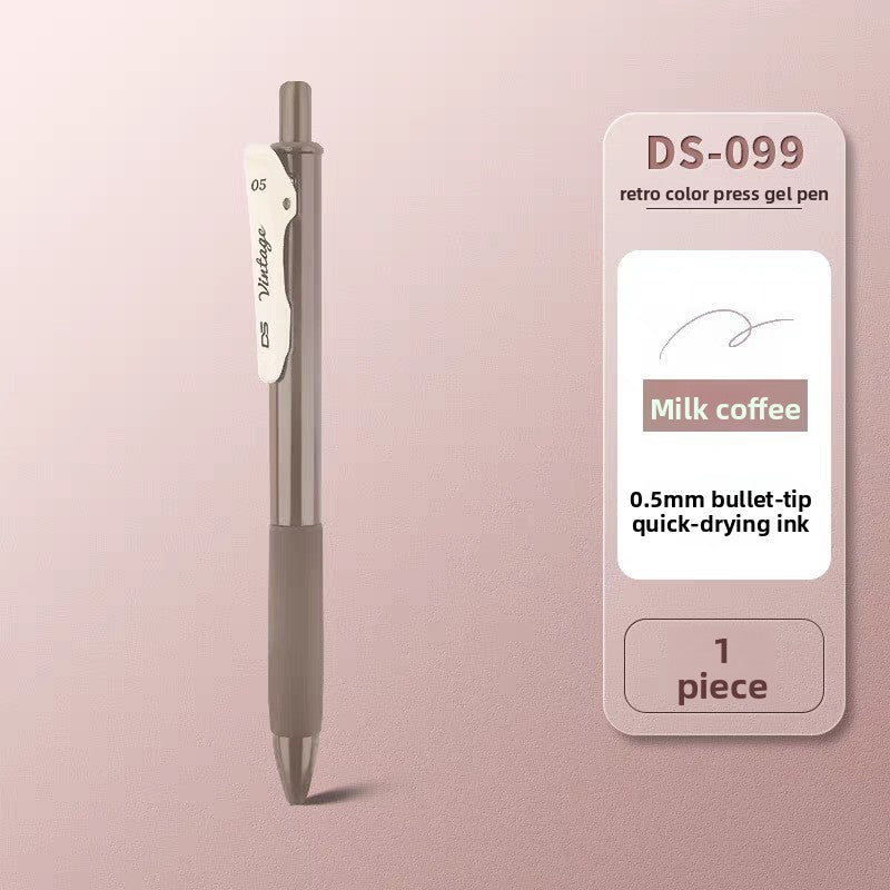 Taupe brown retractable gel pen on a matching background, labeled Milk coffee, Beige Coffee 1pc
