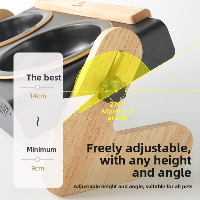 Wooden side support with a black knob that sets the height and tilt of the double pet bowl stand, 9 to 14 cm range