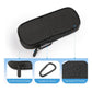 Closed black insulated case with carabiner, with callouts for the zipper, the carabiner and the PVC surface
