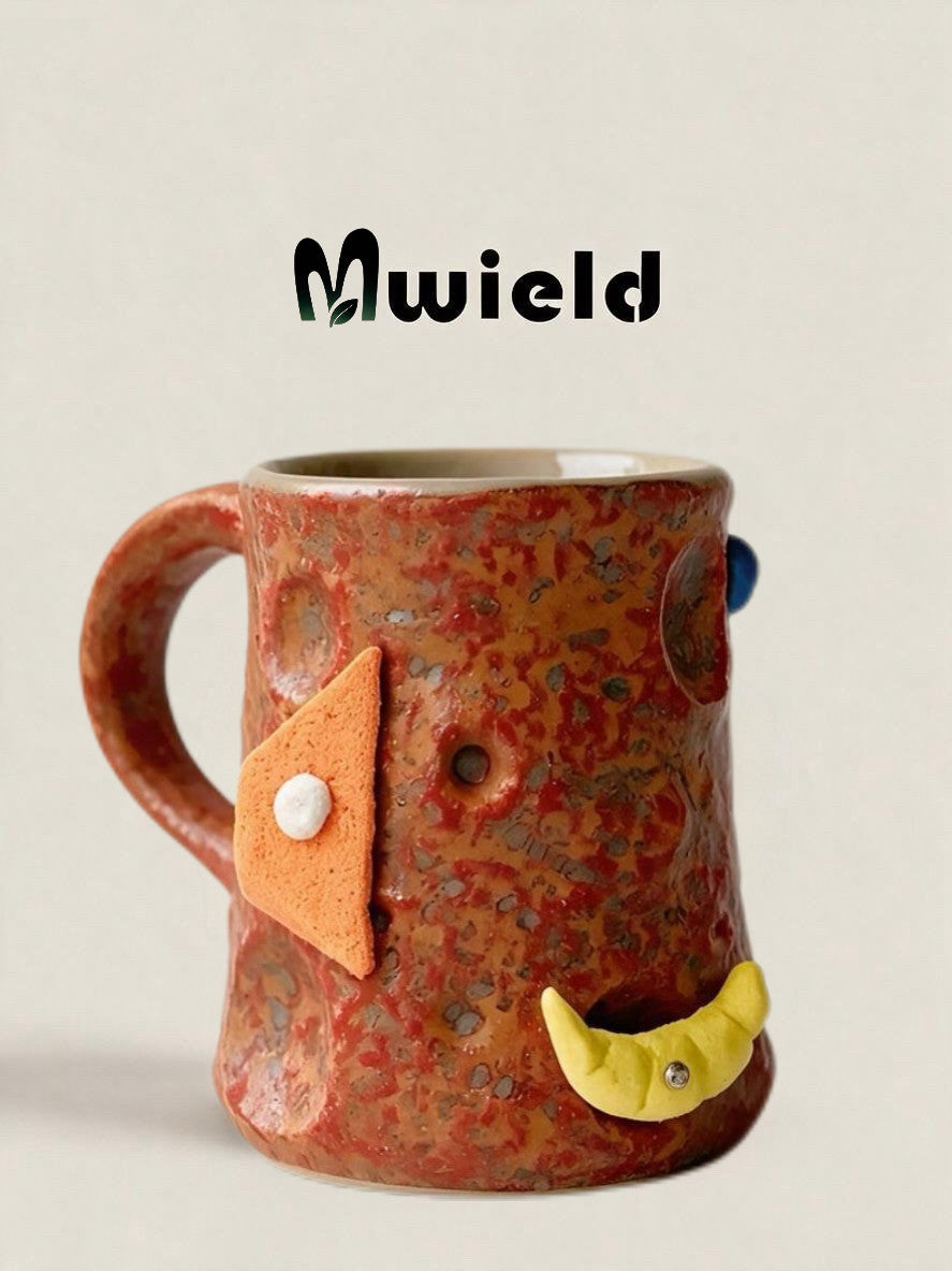Red orange speckled ceramic mug with an orange hold and a yellow crescent hold, Red Orange Glaze option