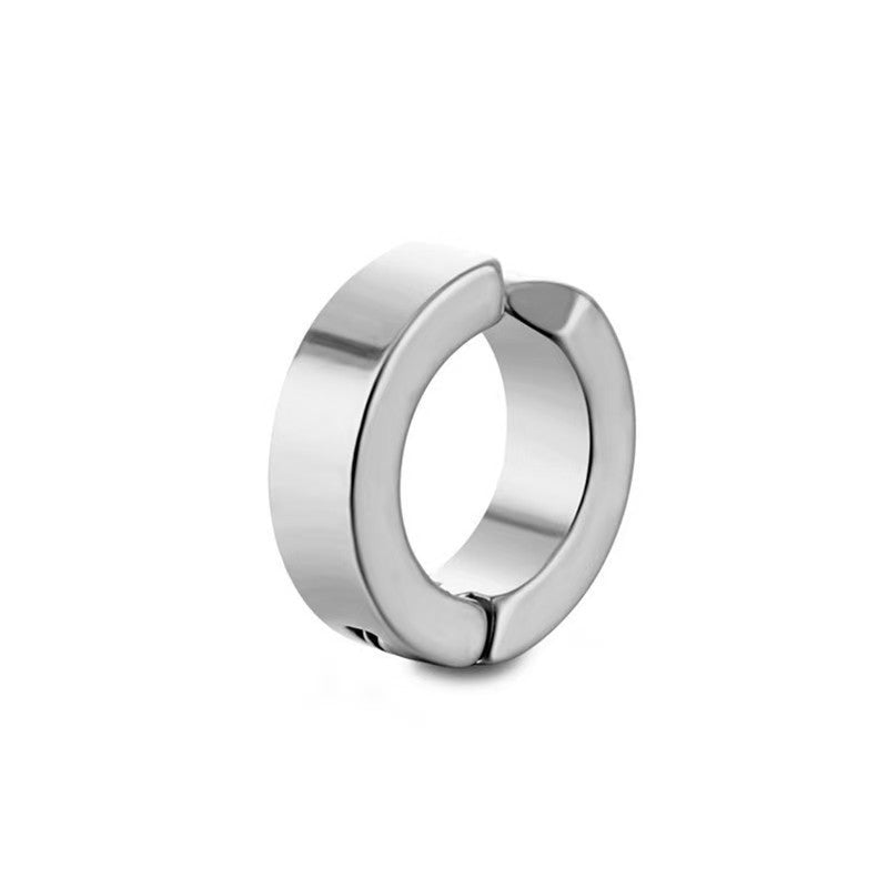 Polished steel clip on ear cuff for the Steel option, a wide C shaped ring with a hinge and a glossy face