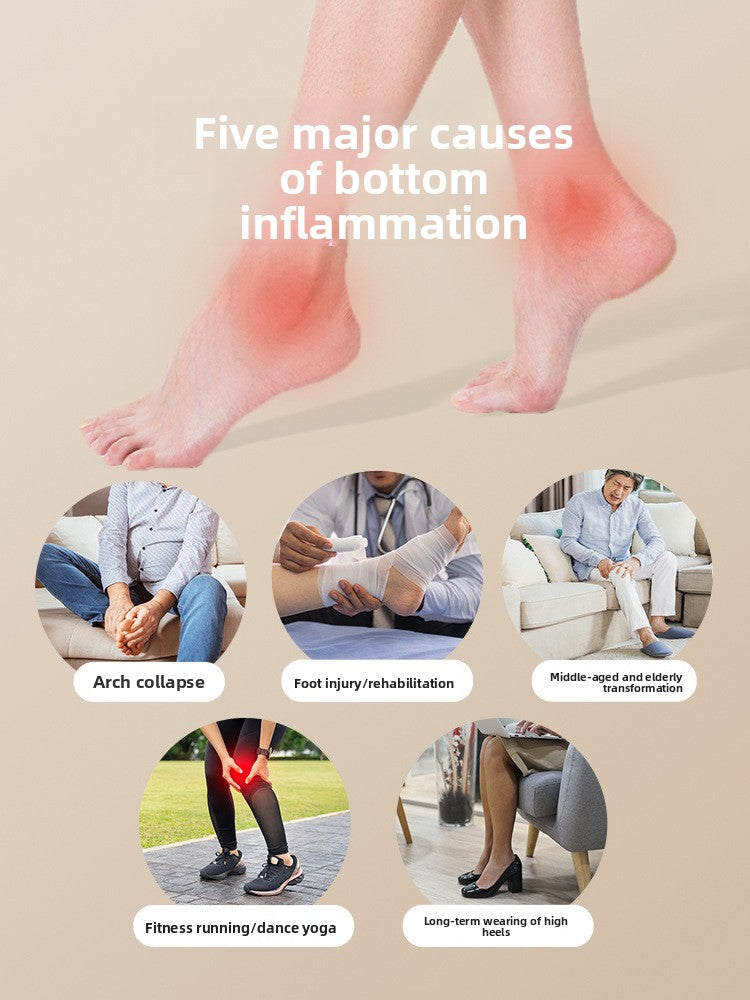 Foot massage roller rolled under the heel of a bare foot on the floor