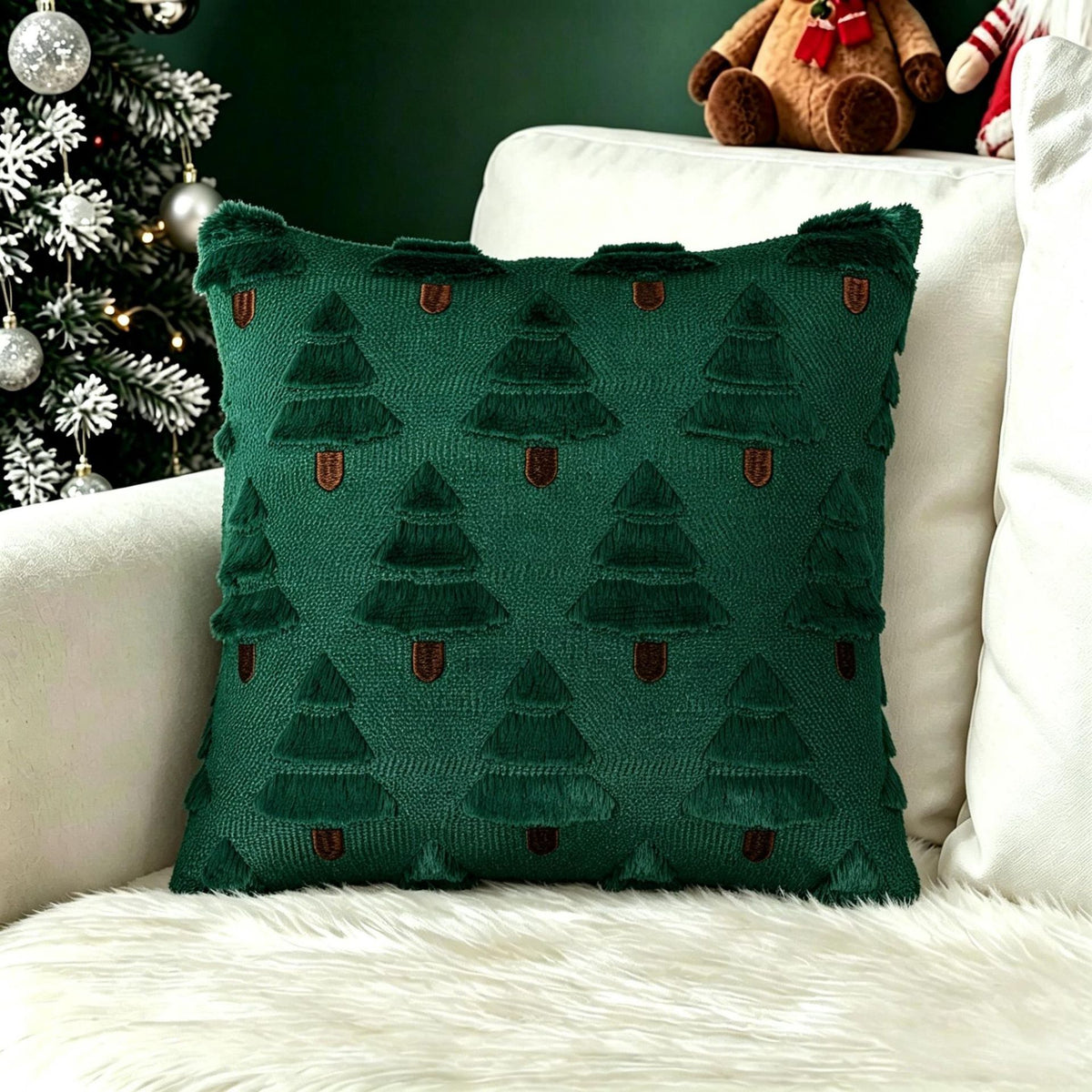 Plush carved cushion cover with carved Christmas trees on a beige plush cover, view 26