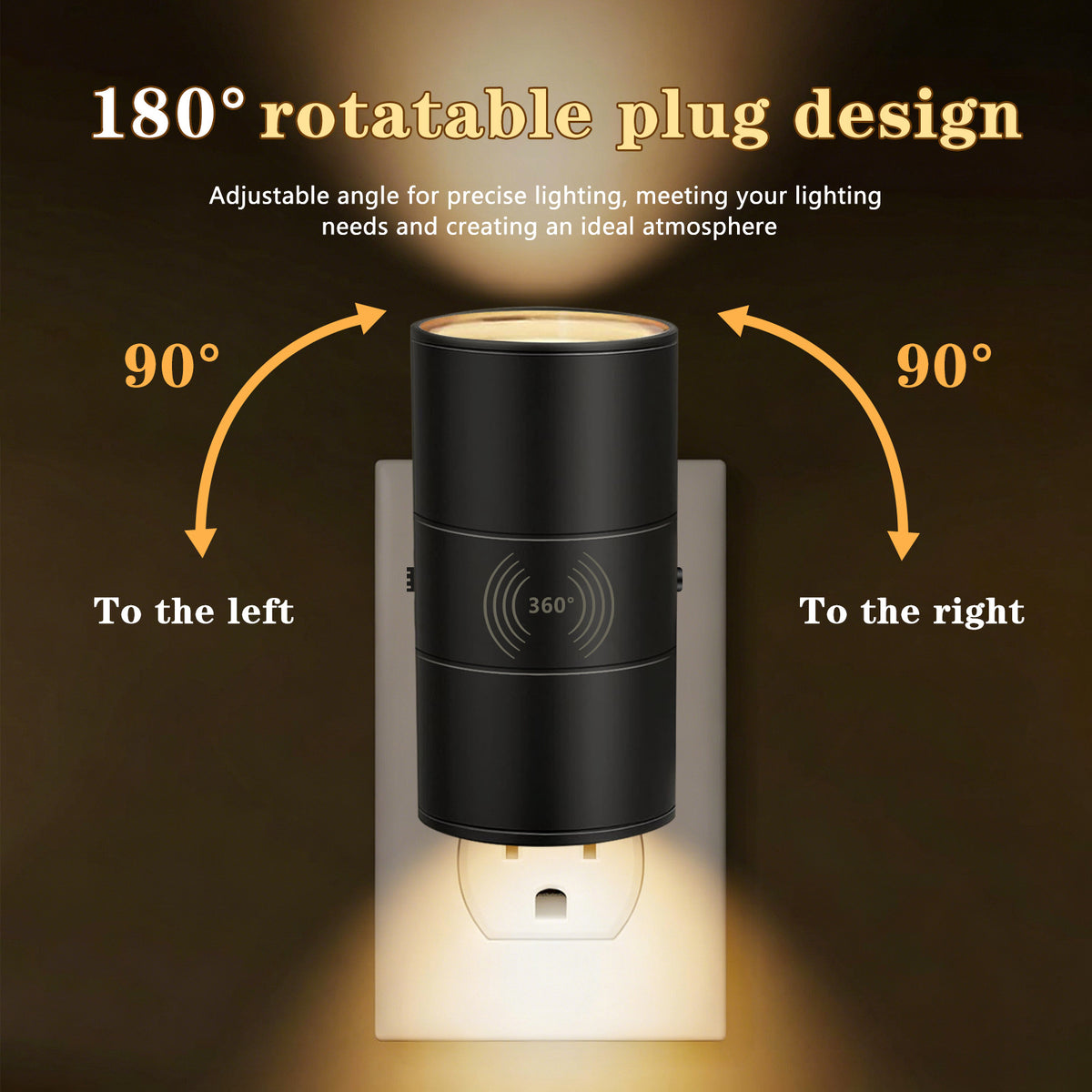 Black LED night light plugged into an outlet casting warm light down the wall