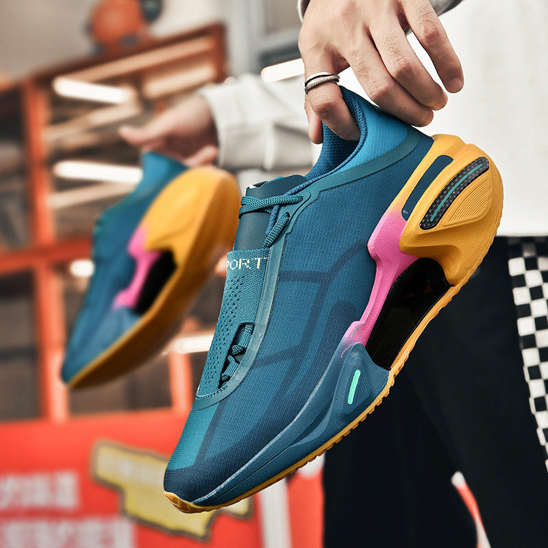 Modern unisex sneaker with a mesh lined fabric upper and a flat round toe