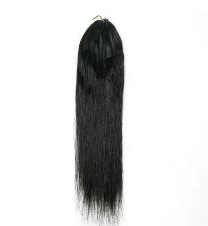 Black human hair crochet section in a straight texture, pre looped at the top, on white