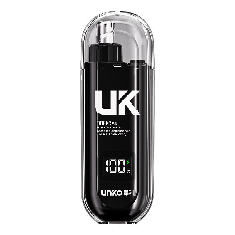Black nose hair trimmer with a clear cap and a digital charge display on the body