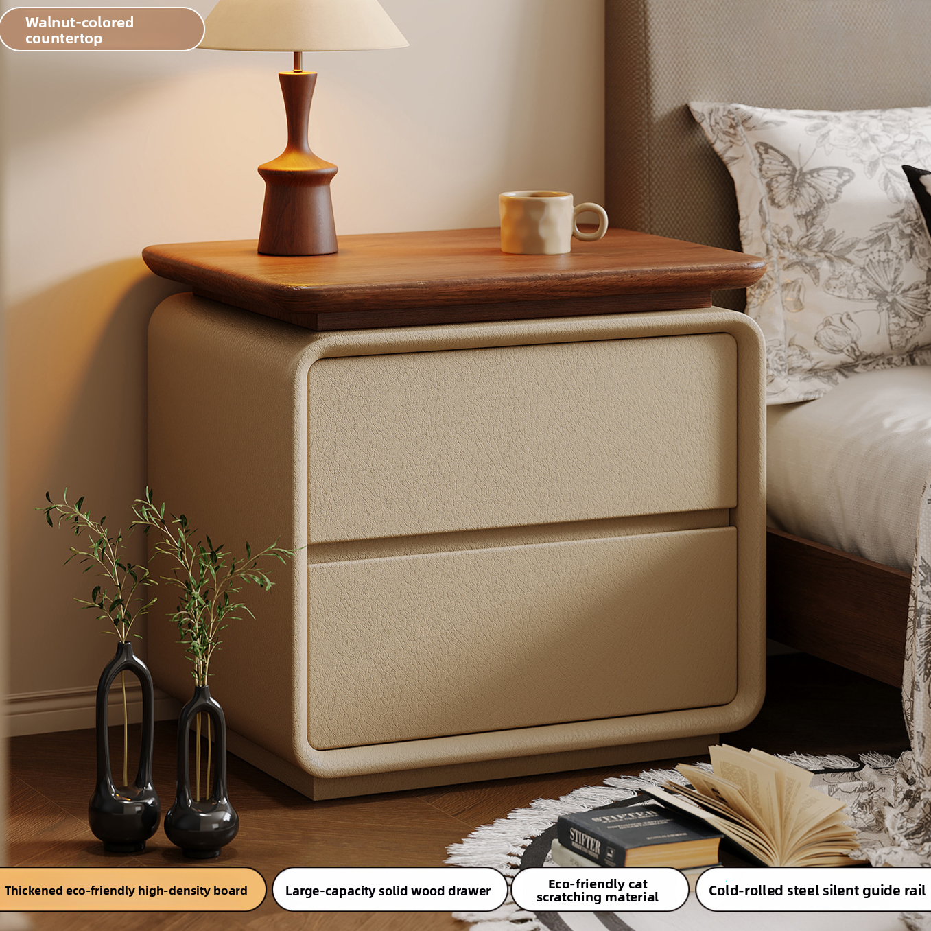 Wide fifty centimeter footprint of the bedside storage cabinet