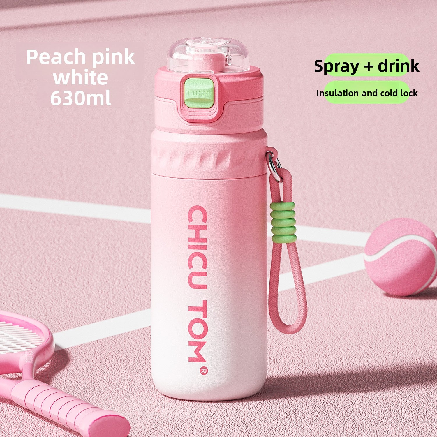 Peach pink and white insulated spray water bottle with a green push latch and a carry rope