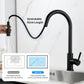 Black pull out kitchen mixer with the head drawn out, maker note reading stretchable 45 cm length