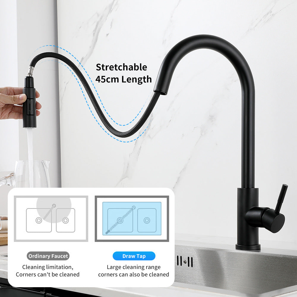 Black pull out kitchen mixer with the head drawn out, maker note reading stretchable 45 cm length