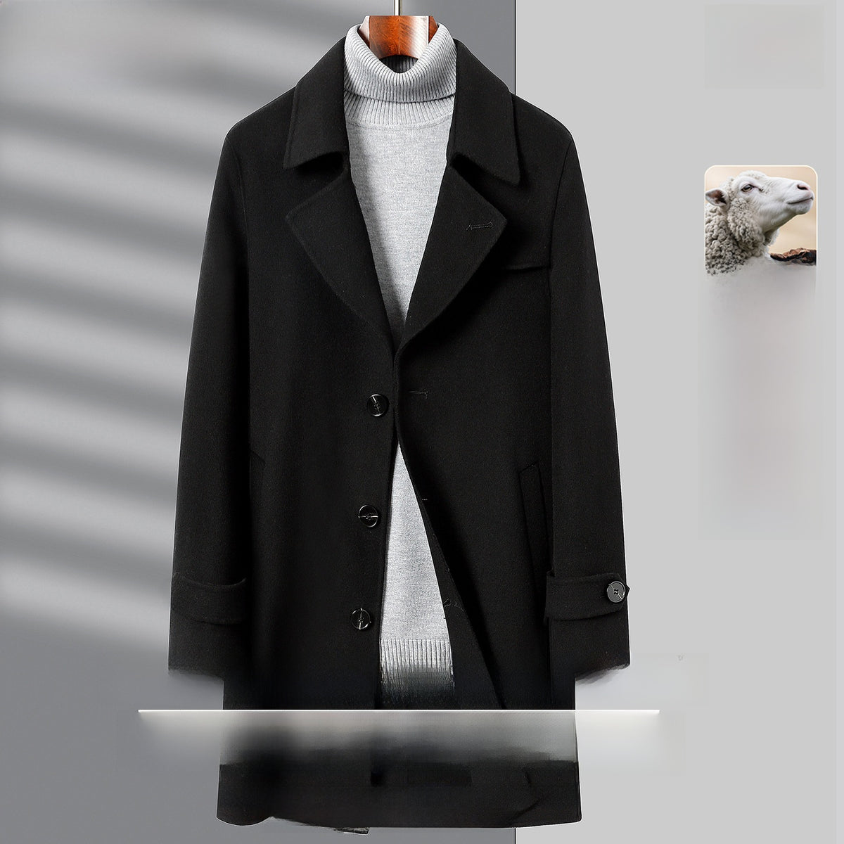 Black wool coat with notch lapel and three buttons over a gray turtleneck, Black M 170cm option photo