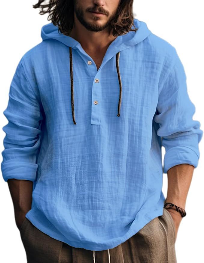 Hooded henley shirt, solid sky blue shirt, size S
