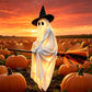 Flying broom ghost glowing over jack o lanterns on a porch after dark